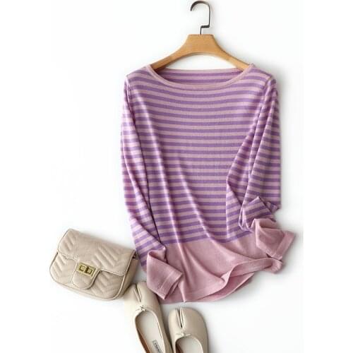 Autumn winter fashion 100% cashmere striped sweater women crew neck long sleeve patchwork designs pullover female