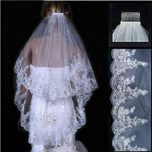 Luxury Wedding Veils 2 Layer Lace Applique Edge Beads Rhinestones Bridal Veil