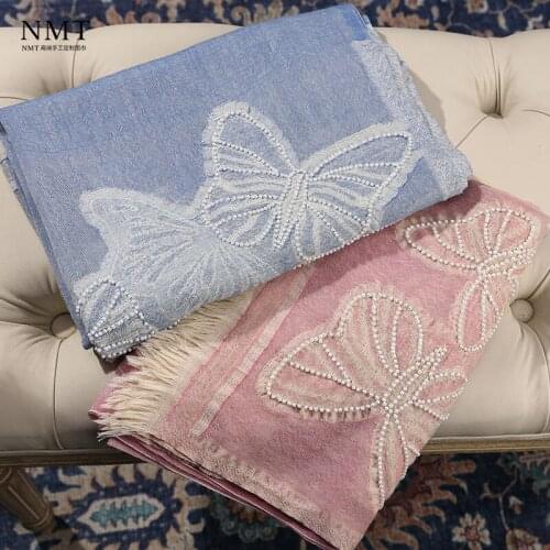Fashion All-Match Solid Color Scarf Female Spring Autumn Korean Light Wool Handmade Pearl Butterfly Nail Bead Embroidered