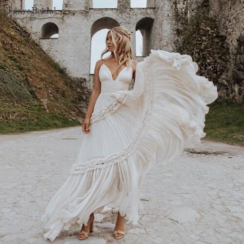 Spaghetti Wedding Dresses Boho Maxi A Line Bridal Gowns Tiered Skirts GYPSY Vestido De Noivas DW480