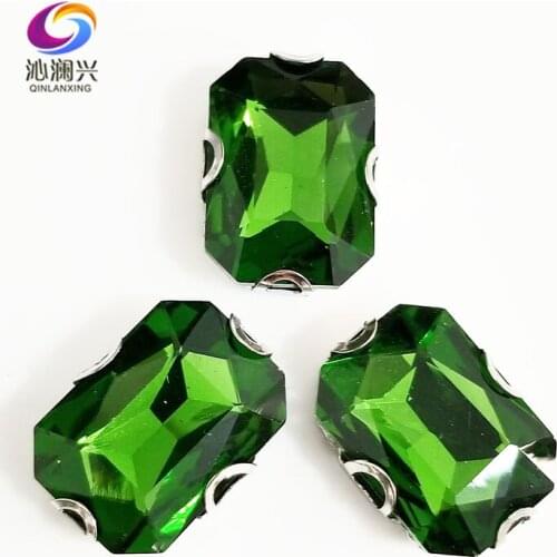 Grass green Rectangle octagonal shape High quality Glass Crystal sew on D shape claw rhinestones,Diy Clothing accessories SWCD21
