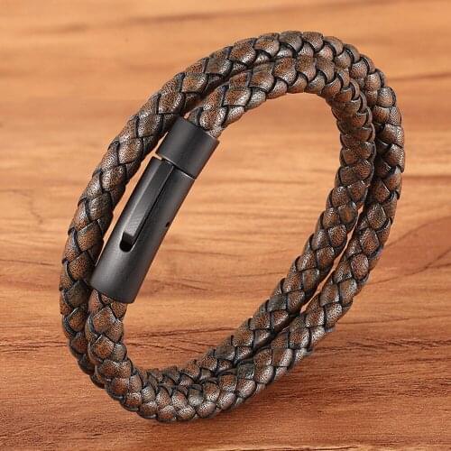 TYO 1Pcs New Arrival Khaki Genuine Braided Leather Wrap Cord Bracelet Stainless Steel Black Easy-hook Male Simple Punk Jewelry