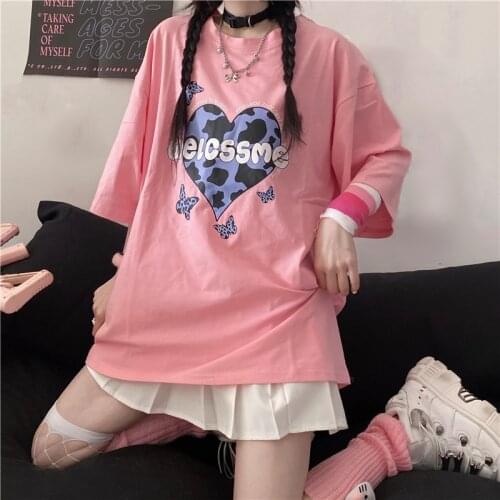 Japanese Style Kawaii Heart Graphic Short-Sleeved T-Shirt College Style Vintage Cosplay Korean Style Harajuku Oversized Girl Top