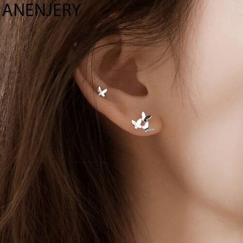 ANENJERY 925 Sterling Silver Asymmetrical Butterfly Stud Earrings For Women Simple Temperament Earring Korean Jewelry