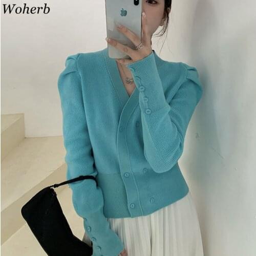 Woherb Women Girls Tops Cardigans Solid Knitwear 2021 New Autumn Puff Sleeve Retro Slim Chic Knitted V-Neck Vintage Sweaters
