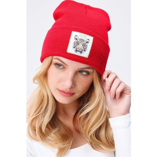 Womens Red Tiger Embroidered Beanie Beret