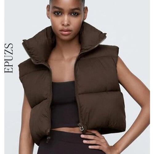 ZA 2021 Stand Collar Cotton Vests coat Women Elegant Zipper Coats Women Casual sleeveless Vests streetwear