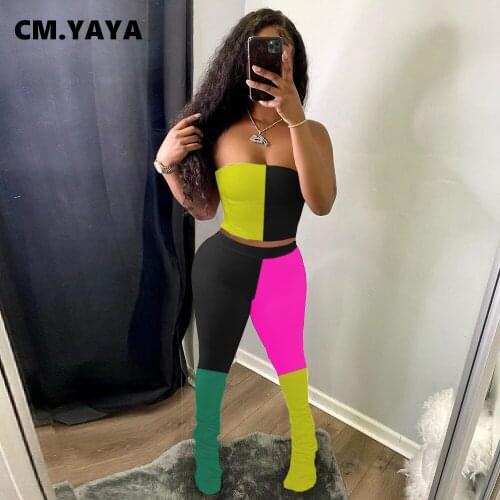 CM.YAYA Women Set Patchwork Sleeveless Strapless Crop Tops Strechy Long Pants Two 2 Piece Sets Sexy Tracksuit Summer Outfits