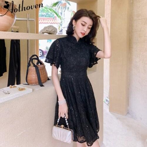 Summer Vintage Bandage Black A Line Dress High-end Women Cheongsam Stand Collar Short Sleeve Dress Elegant Party Dresses Vestido