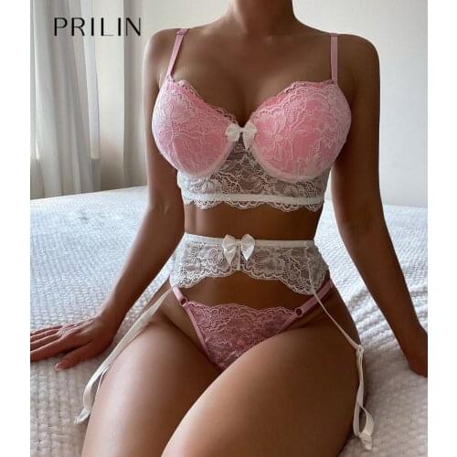 Women Sexy Lingerie Sets with Garter Belt Bow Lace Bralette Push Up Bra Sex Panties Temptation Erotic Costumes Sensual Underwear