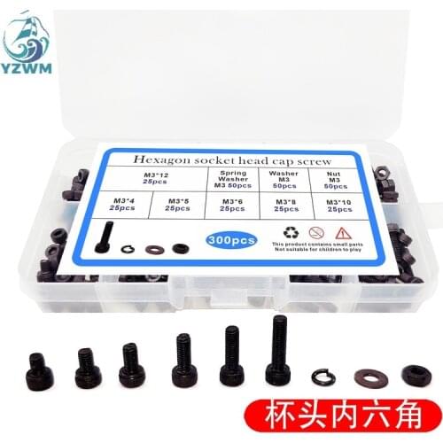 300pcs Black Cup Head Cylinder Head Hexagon Screw Bolt Nut Flat Pad Spring Pad Set Box M3 Round Head Screw