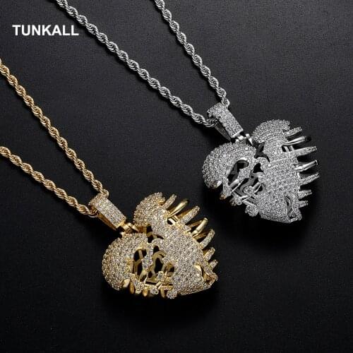 Bling Bling Iced Brass CZ Heart Broken Pendants&Necklace Mirco Pave Prong Setting Hip Hop Jewelry Party Gift CN145