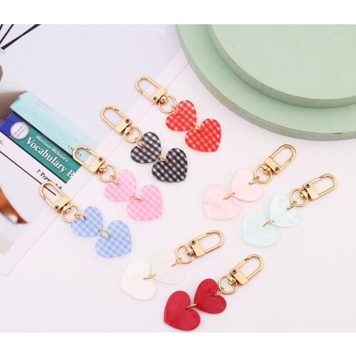 Cute Grid Love Heart Keychain Acrylic Women Girl Korean Fashion Key Chain Bag Charms Keyring Trinket Cell Phone Key Accessories