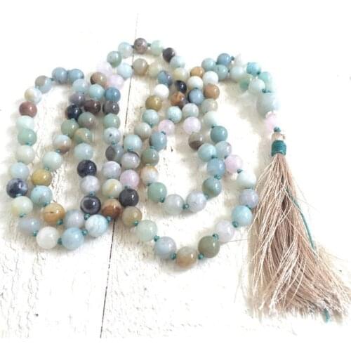 Amazonite & Rose Q-uartz Mala Beads With Handmade Tassel Neacklace 108 Bead Traditional Hand Knotted Necklace Yoga Gift For Girl
