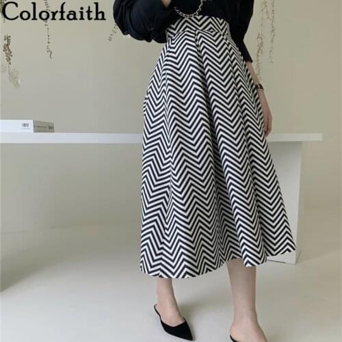 Colorfaith New 2021 Womens Skirts Autumn Winter Ball Gown Vintage Print High Elastic Waist Elegant Striped Midi Skirts SK1011