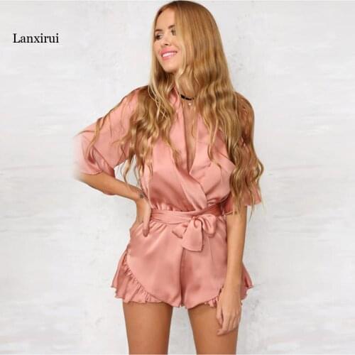 Women Ruffles Satin Sleepwear Sexy Deep V Neck Elegant Female Jumpsuit Romper Short Sleeve Sexy Playsuit Bow Beach Overalls