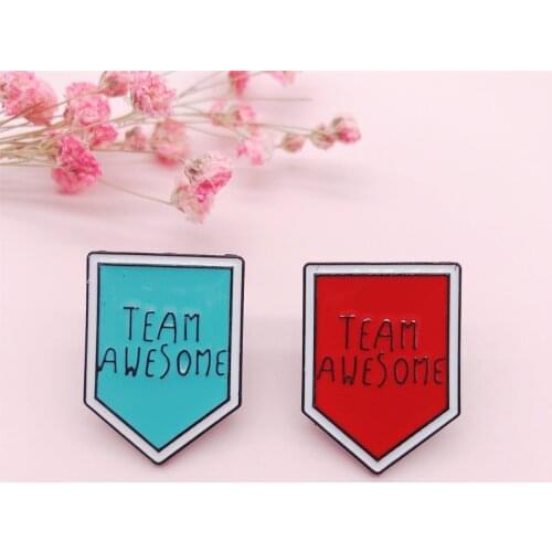 Cartoon Enamel Pins Fashion Red Blue Letter Button Badges TEAM AWESOME Brooch Friends Jewelry Backpack Accessories Kids Trinket