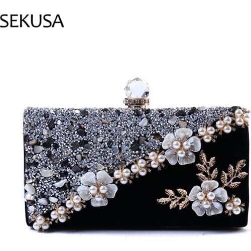 Flower Shell Wedding Day Clutch With Pearl Diamonds Luxury Black Color Evening Bags Acrylic Stone Leaf Purse