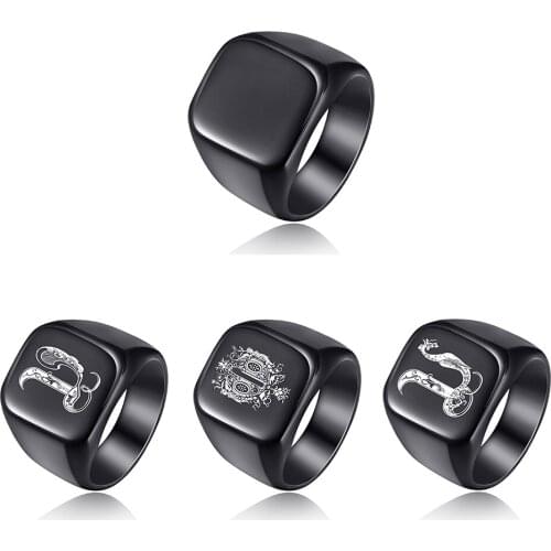 Custom Initial Letter Signet Ring Polished Stainless Steel Gold Silver Black Alphabet Capital A-Z Rings For Men Women