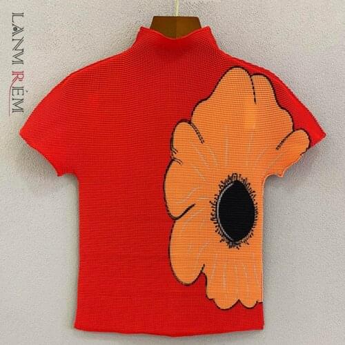 LANMREM Fold Flower T-shirt 2021 Summer Thin Short Sleeve Top Slim Stretch Print Casual T-shirts For Women New Arrivals 2D6069