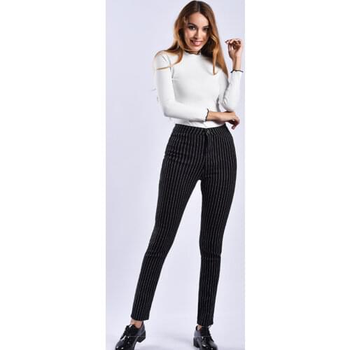 Fashion Stripe Skinny Jeans Women High Waist Black Denim Pants Push Up Ladies Jeans England Street Style Spodnie Damskie Jeansy