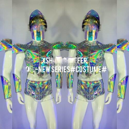 Man model catwalk show stage Furture party Nightclub GOGO Mens Armor Laser Costume Space Costumes