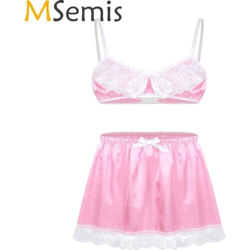 Men Sexy Clubwear Smooth Satin Lace Crossdressing Sissy Lingerie Set Adjustable Straps Bra Top with Mini Skirt Sexy Costumes