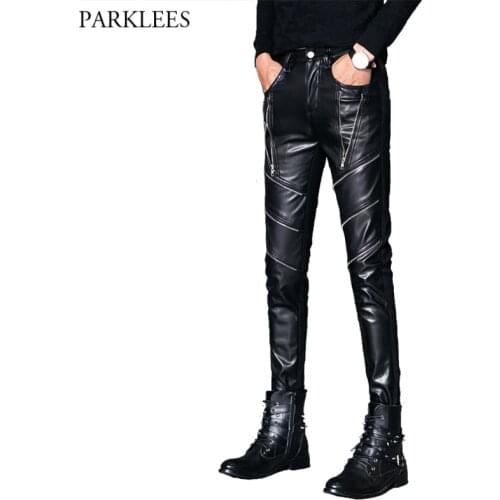 Mens Fashion Multi-zipper Pu Leather Pants Nightclub Stage Singer Prom Faux Leather Pants Men Punk Rock Steampunk Trousers Male