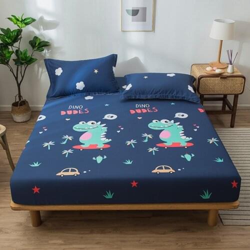 New Design Cartoon Blue Dinosaur Printed Fitted Sheet Pure Cotton Bed Sheet with Elastic Band Kids Twin Full Queen Bedding Sets