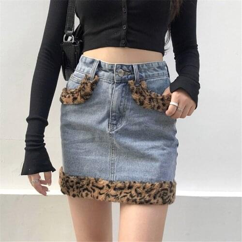 Casual Spring Chic Trendy Women Korean Leopard Stitching Bottoms Summer Fashion Blue Denim Button High Waist A Line Mini Skirts