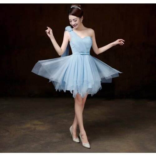 Real Picture 2021 Short Bridesmaid Dresses Light Blue One Shoulder Mini Bridesmaid Dress Plus Size for Women Wedding