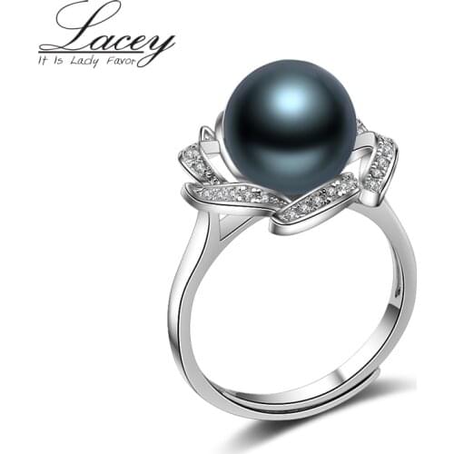 925 Sterling Silver Pearl Rings Natural Tahitian Black Pearl Silver Ring Adjustable Round Pearl Ring for women wedding gift