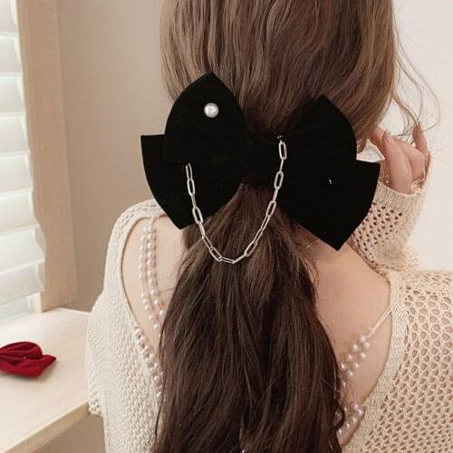 Korean fashion hairpin pearl lace bow hairpin spring clip headdress net celebrity temperament design trendy hair accessories