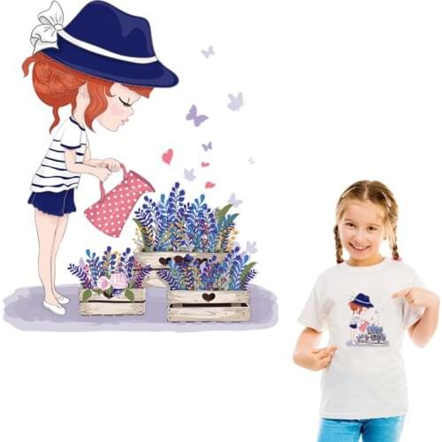 Hard-Working Cartoon Girl Iron On Transfer Patch For Clothes Stripes Butterfly Heat Vinyl Transfer Thermal Stickers On Clothes