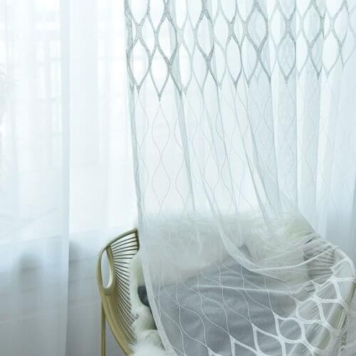 Modern White Geometric Tulle Curtains for Living Room Bedroom Window Treatments Embroidered Sheer Curtains Customized Home Decor