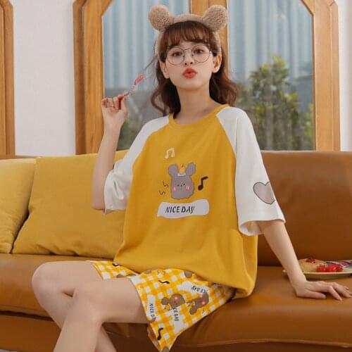 Mujer Comfort Sleepwear Loose Pyjamas 2021 New Women Pajamas Set Cartoon Pattern Short Sleeves Shorts Yellow Cotton Pijamas