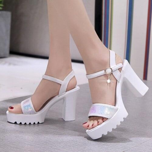 Nice Design Crystal Rhinestone Platform Thick Heel Women Gladiator Sandals Sexy Peep Toe Ankle Buckle Strap Party Shoes