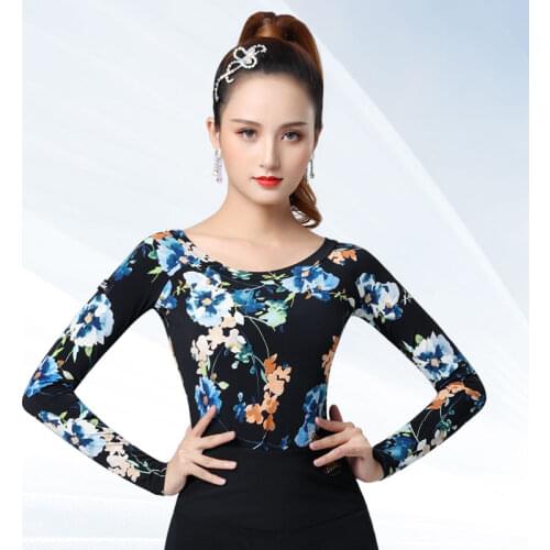 Modern Flower Latin Dance Tops For Women Elegant Round Neck Printing Practice Shirt Cha Cha Samba Ballroom Dancing Wear DL6339