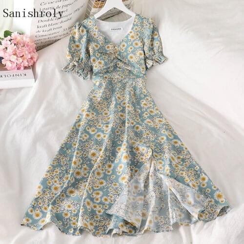 Women Puff Sleeve Large Hem Chiffon Dresses 2021 Summer Sexy V-Neck Floral Print Dress Ladies Long Split Beach Holiday Vestidos