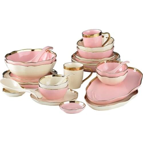 1pc Pink Marble Ceramic Dinner Dish Plate Rice Noodles Salad Bowl Soup Plates fruit Dinnerware Sets Home Tableware Kitchen Cook