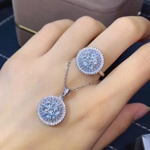 100% Natural Real Aquamarine Jewelry set Natural And Real Aquamarine Set 925 sterling silver Fine jewelry 1pc ring,1pc Pendant