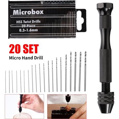 20 Set High Strength Micro Hand Twist Drill Bits 0.3-1.6mm High Speed Steel Drill Bit Spiral Vise Keyless Chuck Wood Drilling