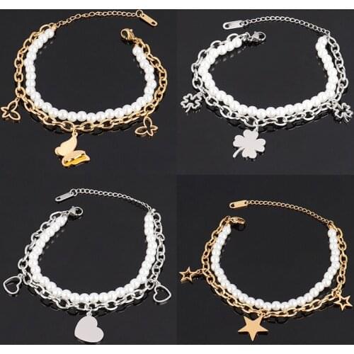 Stainless Steel Bracelets For Women Pearl Bracelet Heart Clover Charm Butterfly Bracelet Chain Double-layer Bracelet Jewelry