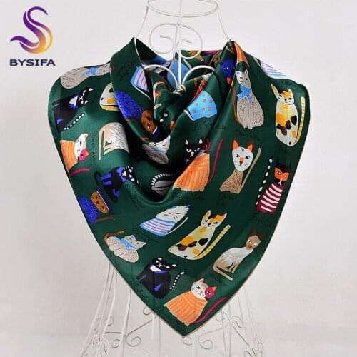 BYSIFA Green Scarves New Design Cartoon Cats Women Children Square Silk Scarf 90*90cm Spring Autumn Winter Cute Silk Scarf Shawl