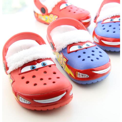 Cartoon Car Kids Clogs Warm Fur Childrens Indoor Shoes Home Hole Mules Light Pins Sandal EVA Flat Kid Shoes