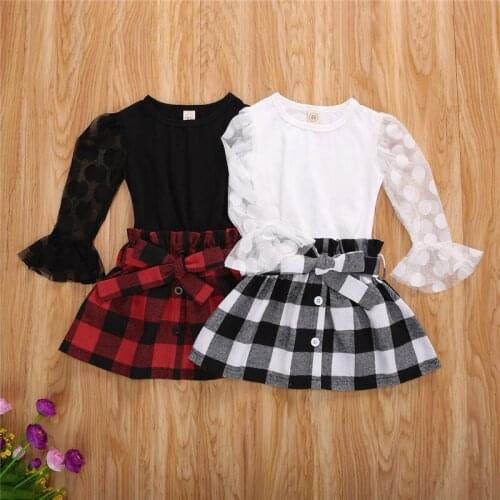 1-6Y Fashion Children Girls Clothing Sets Autumn Kids Girls Lace Mesh Flare Sleeve T-shirts+Plaid A-line Skirts Xmas Clothes
