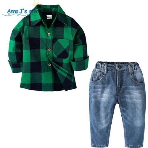 TZ603 New British style Baby Boys Spring Autumn set boy casual suit 2 pieces set green grid shirt + Jeans children Clothing sets