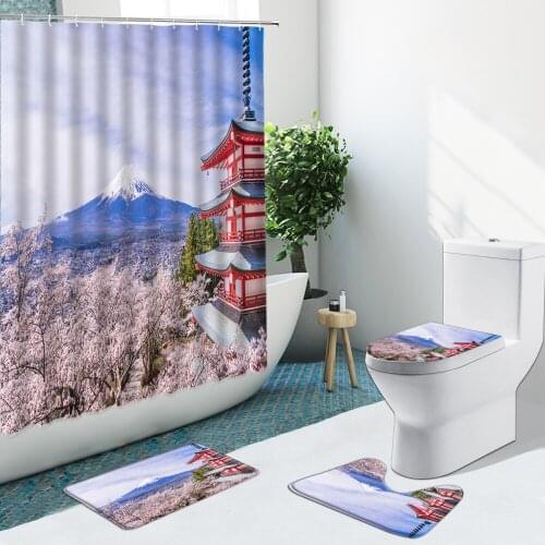 Mount Fuji Cherry Blossoms Shower Curtain Bathroom Set Loft Landscape Anti-Skid Rugs Toilet Lid Cover Carpet Bath Mat Home Decor
