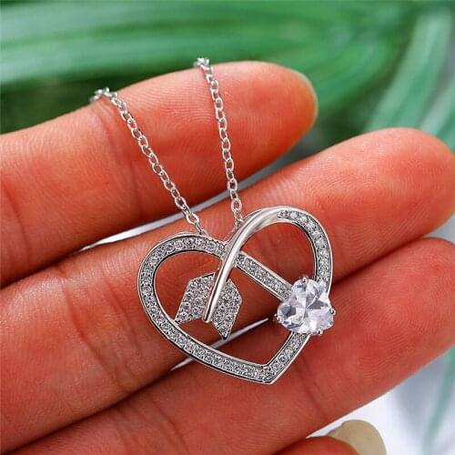 Dainty Arrow Heart Wedding Necklace Fashion Female White Crystal Pendant Necklace Classic Silver Color Chain Necklaces For Women