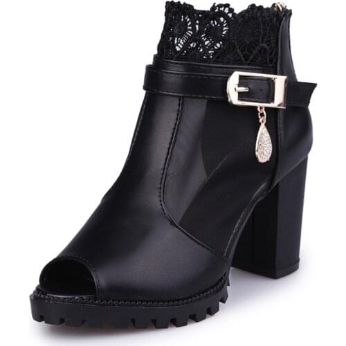 YSHUNIJ Summer New Fish Mouth Lace Womens Sandals Korean Version of Solid Color Mesh Thick Heel High Heel Sandals